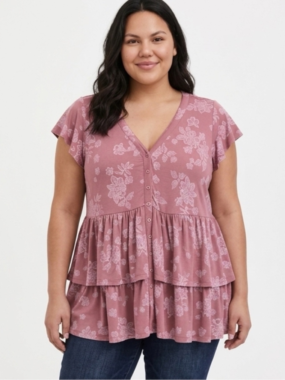 torrid Rose Pink Floral V-Neck Tiered Peplum Tunic